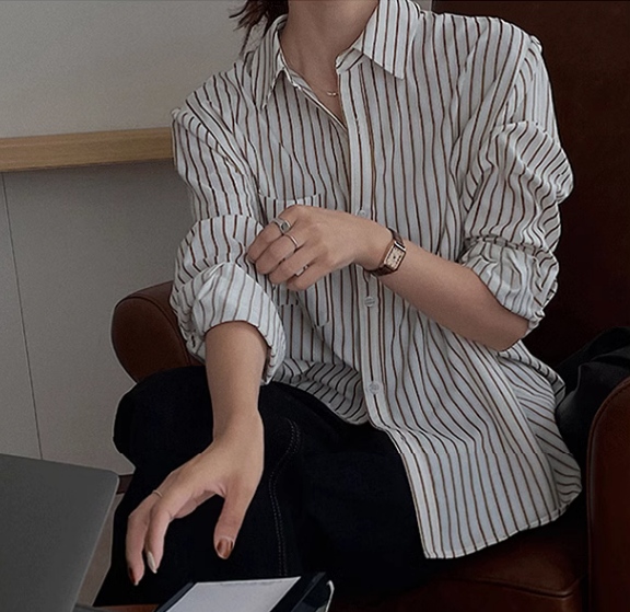 秋季2023新款長袖女士法式白色條紋襯衫外套設計感小眾上衣女夏款